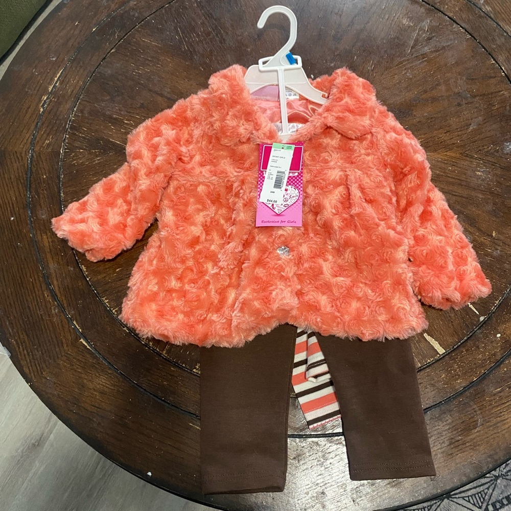 Young Hearts 3pc Orange Faux Fur Coat with Brown Pants Set